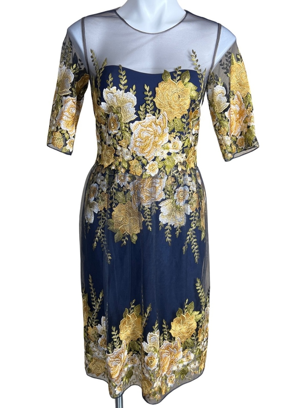 New w/Tag Marchesa NOTTE Embroidered Gold Floral Tulle Dress